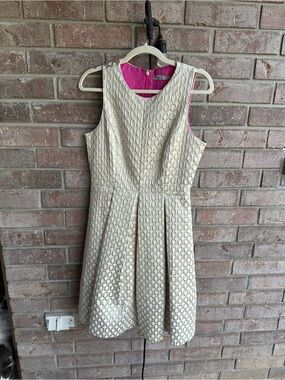 Eliza J Cream and Pink Brocade Fit-and-Flare Midi Dress with POCKETS